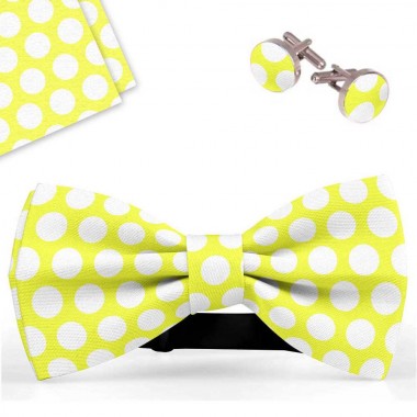 Set papion barbati, batista, butoni, galben, buline albe, mari